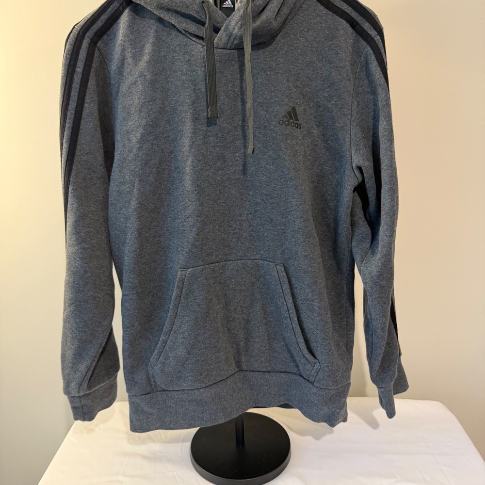 Adidas Womens Heather Grey 3-Stripe Pullover Hoodie Sweatshirt Size Small